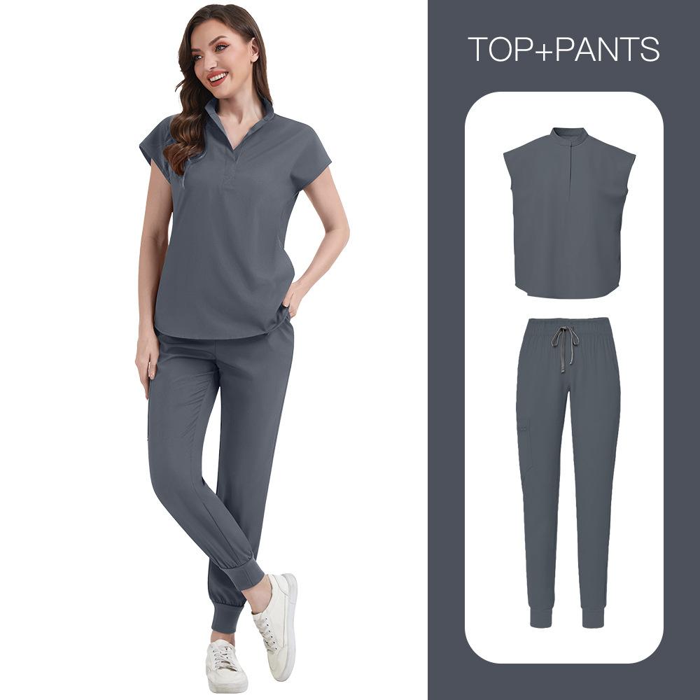Women's Loose and Comfortable V-neck Short Sleeved Workwear with Multiple Pockets and Beauty Suit Set