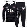USA Letter Print Hoodie und Jogginghose Set Unisex Pullover Langarm Kapuzenoberteil und Kordelzug Jogginghose Zweiteiliges Outfit