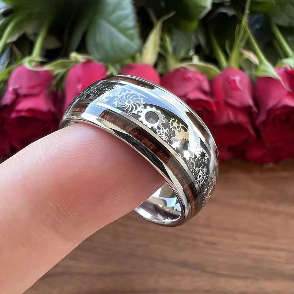 Men's Stainless Steel Ring with Wood Grain & Gear Design, 10mm Wide