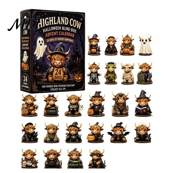 Highland Cow Advent Calendar Halloween Calendar, 24 Days Countdown Box Desk Decorations with 24Pcs Figurines, Spooky