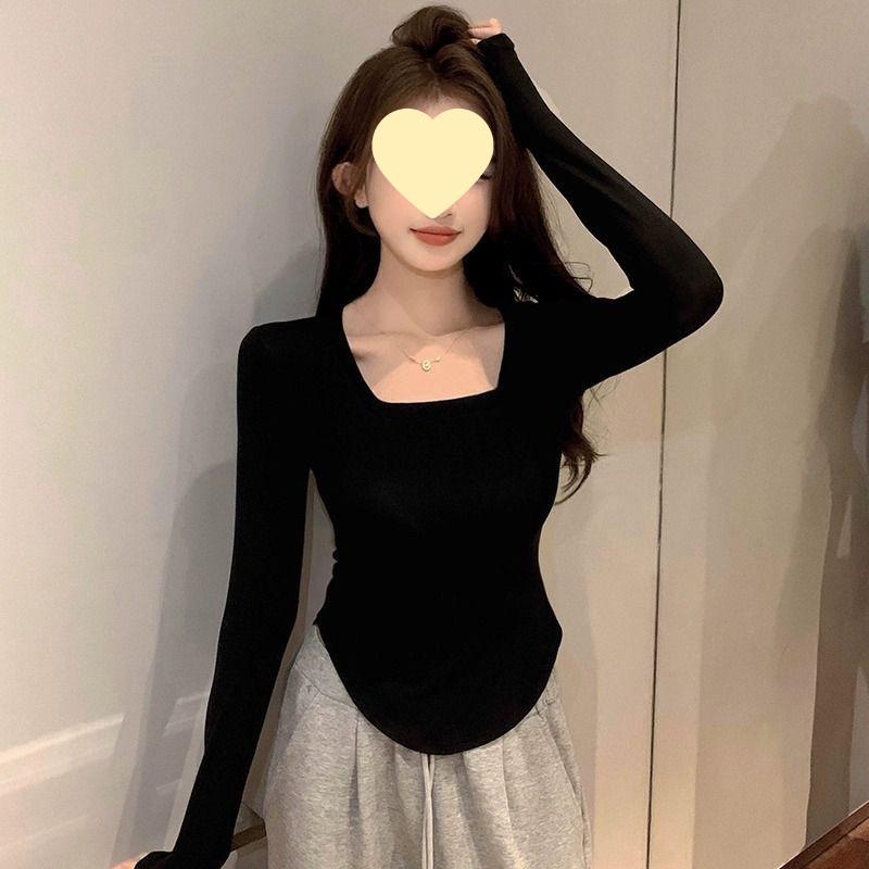 

Women s Modal Long Sleeve Square Neck T-Shirt - Black Arc Hem Design, Early Autumn S (Below 90 jin)