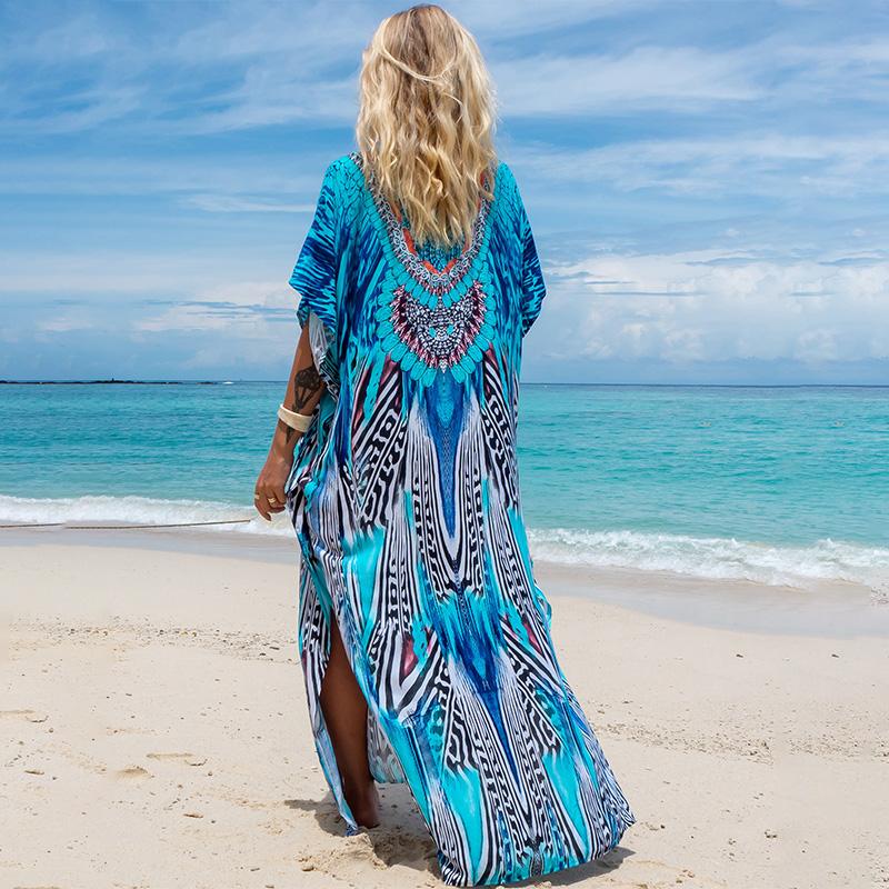 EDOLYNSA Bedruckte türkische Robe mit Fledermausärmeln, Sommer-Tunika, Plus-Size-Bademode, Cover-Up für Damen-Bademode, blaue Kaftan-Kleider, Q1415