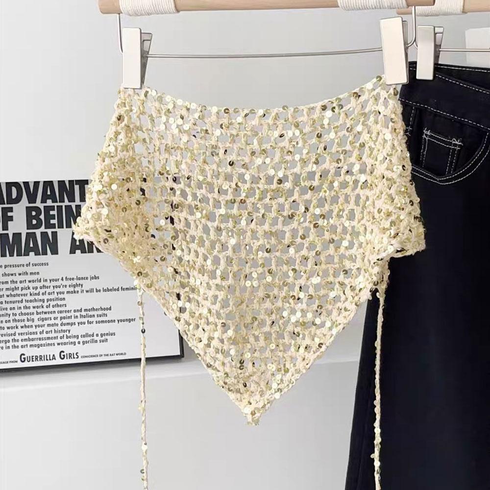 Ins Style Sequined Hollow Knitted Triangle Hair Scarf Bandana Retro Crochet Sheer Headscarf Women Summer Travel Photo Headband