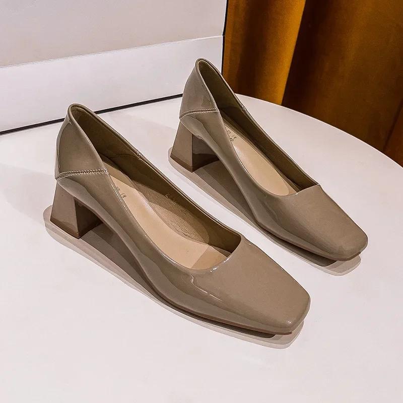 Fashion Thick Heel Square Head Patent Leather Single Shoes 2024 Spring Autumn Medium Heel Black High Heels Commuter Women's Shoes