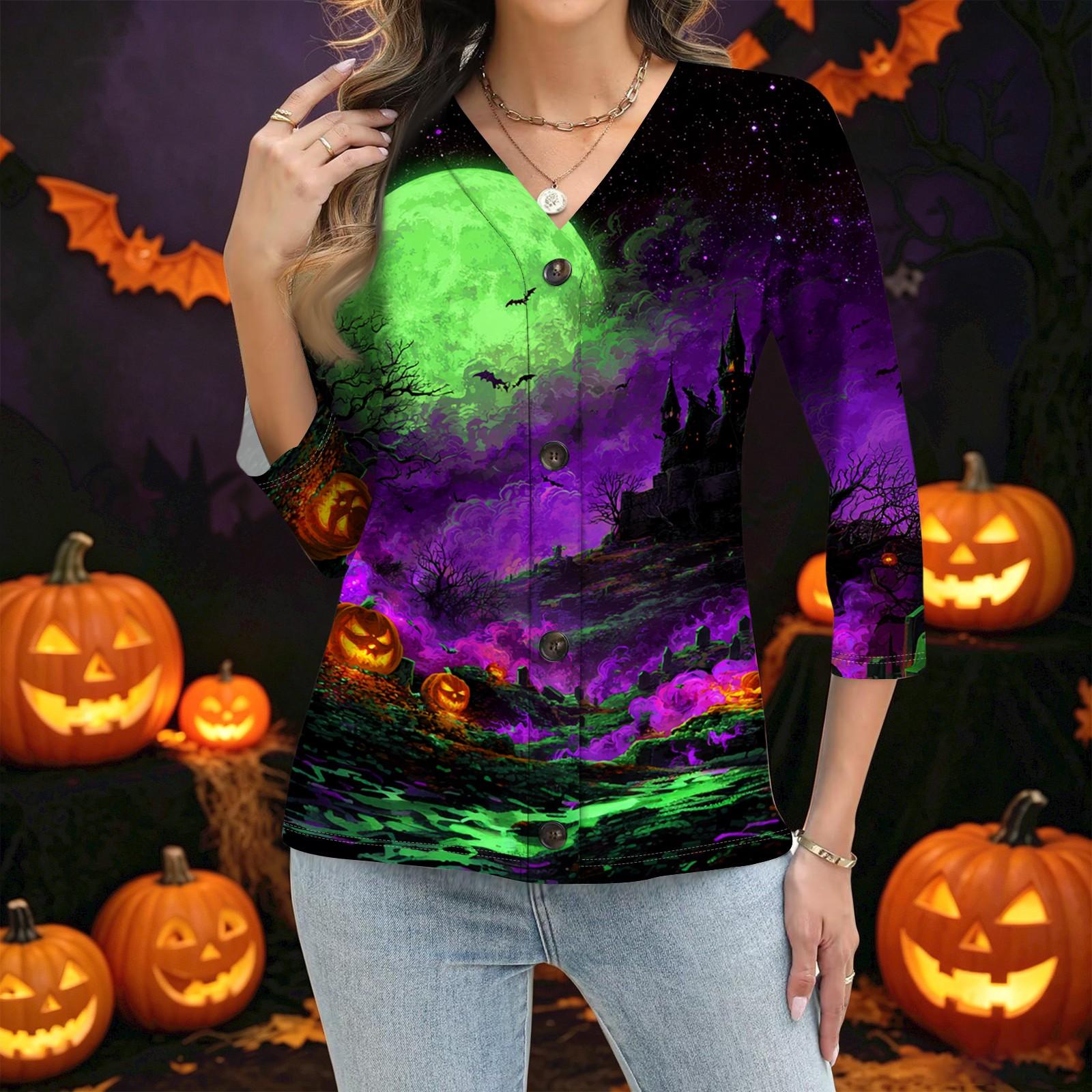 Women s Halloween Print Button Down Shirt 3/4 Sleeve Casual Blouse Top L