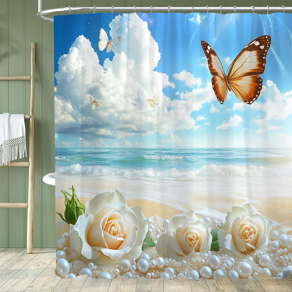 Seaside Beach Shell Scenery Printing Shower Curtain, Bathroom Decorative Shower Curtain, Waterproof Shower Curtain With Hooks