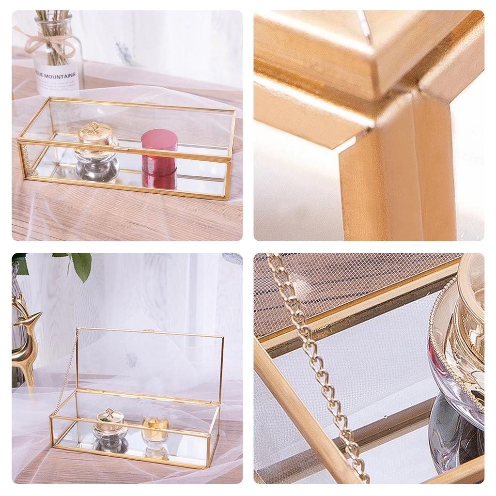 Glass Jewelry Box Vintage Jewelry Organizer Box with Hinged Lid and Mirrored Bottom Transparent Desktop Decorative Golden