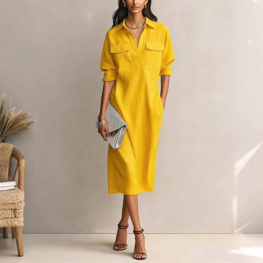 Abito casual da donna con bottoni frontali e doppie tasche sul petto, misto lino, lunghezza midi, vestibilità rilassata, abito camicia per l'uso quotidiano