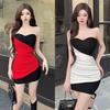 Sexy Sweet Hottie Slim Tube Top Dress Women's Autumn and Winter Temperament Contrasting Colors Simple Off-the-shoulder Hip Skirt