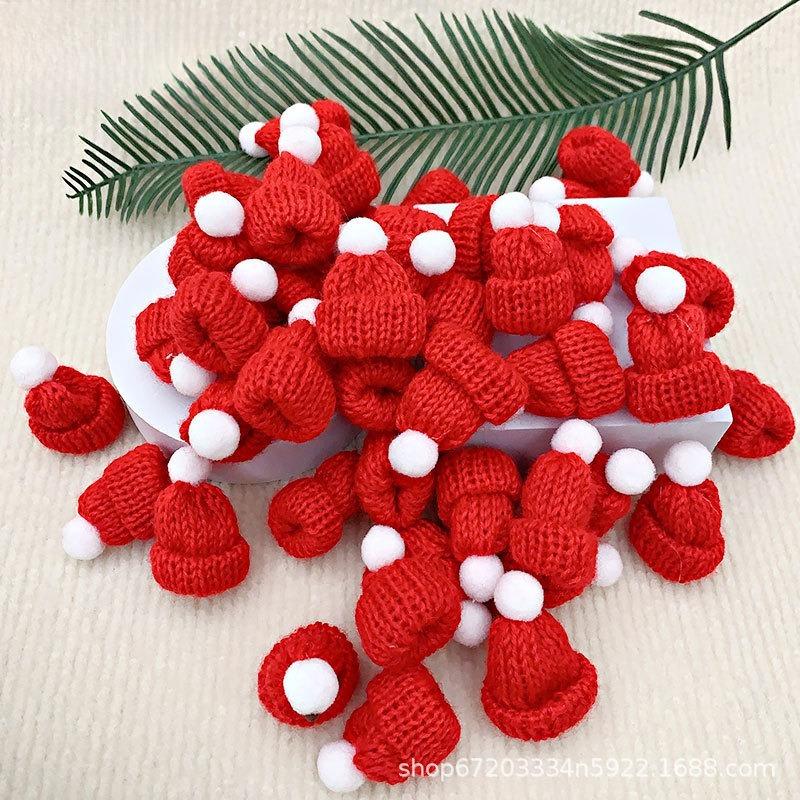 10pcs Mini Christmas Hat Pompoms-Red,White Design with Green Accents,Perfect for DIY Crafts,Christmas Tree Decorations