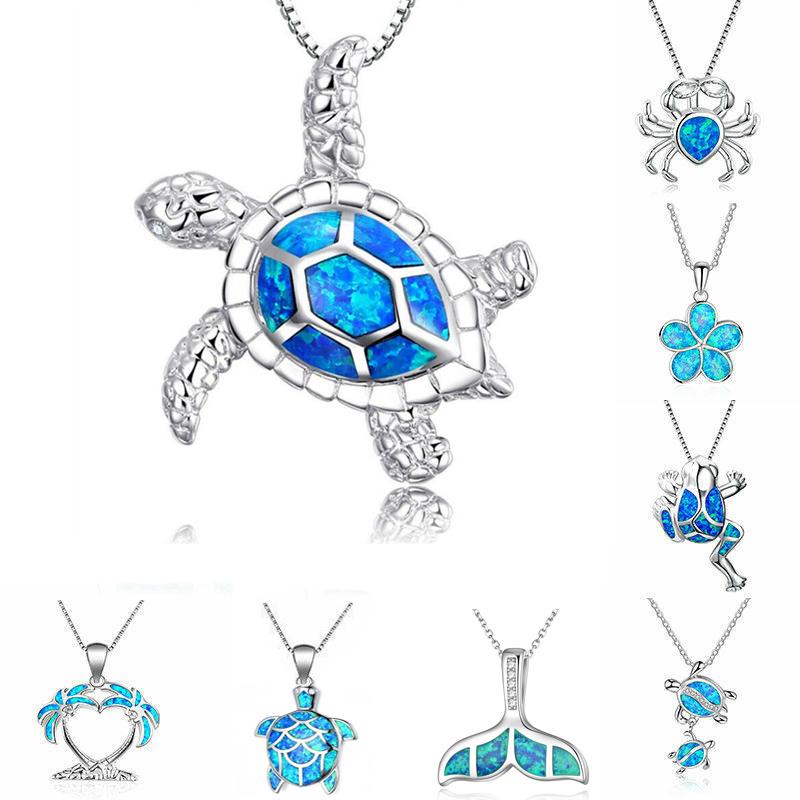 Bohemia Blue Imitation Opal Cute Turtle Animal Pendant Necklace For Women Charm Crystal Ocean Animal Necklaces Jewelry for Women