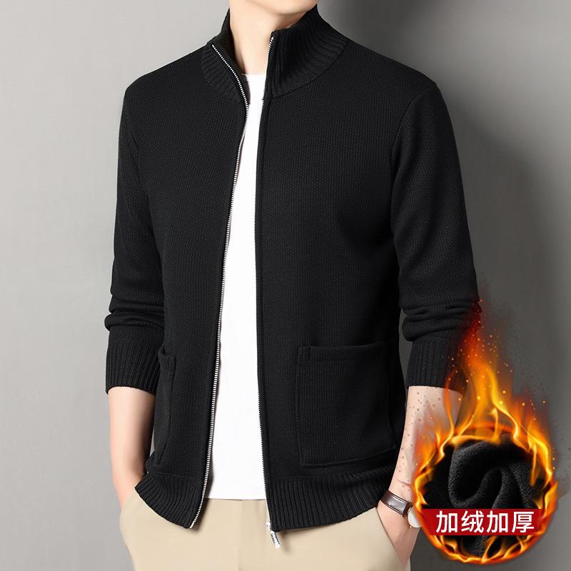 

2025 Мужской бархатный вязаный кардиган на осень и зиму, молодежный повседневный корейский стиль, однотонный свитер со стойкой, мужская куртка M чёрный