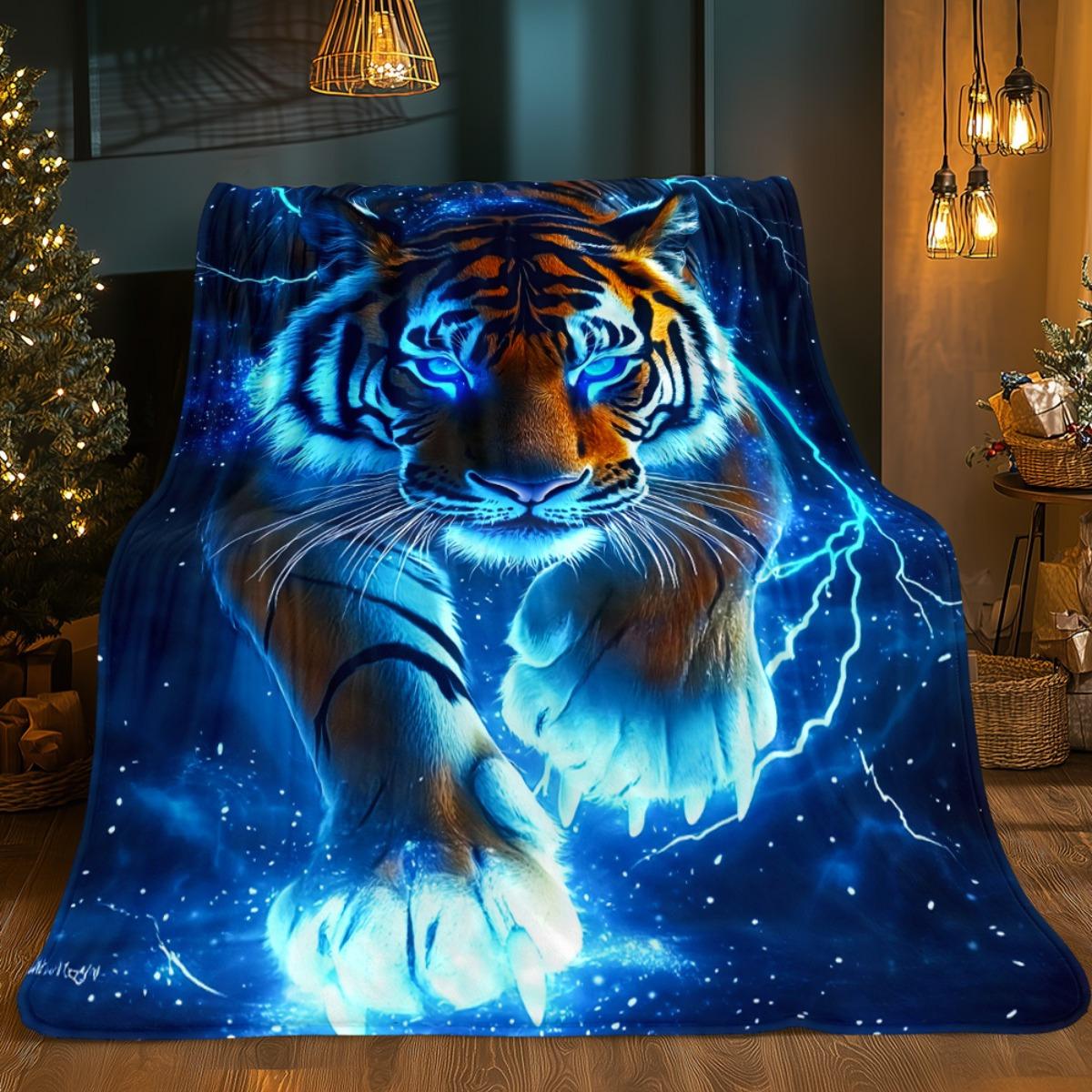 

1pc Blue Lightning Tiger Portable Blanket | Lightweight Throw for Sofa Bed Travel Camping, Livingroom Office Couch Chair, and Bed - Digital 130x150cm