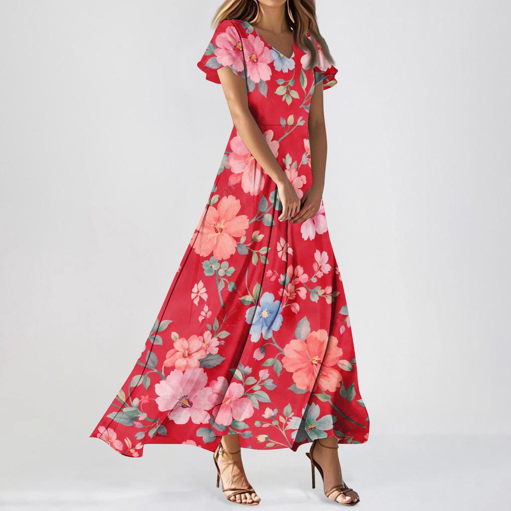Women Casual Floral Print Maxi Dress V Neck Short Sleeve Lightweight Long Dress with Flowing Skirt for Everyday Wear