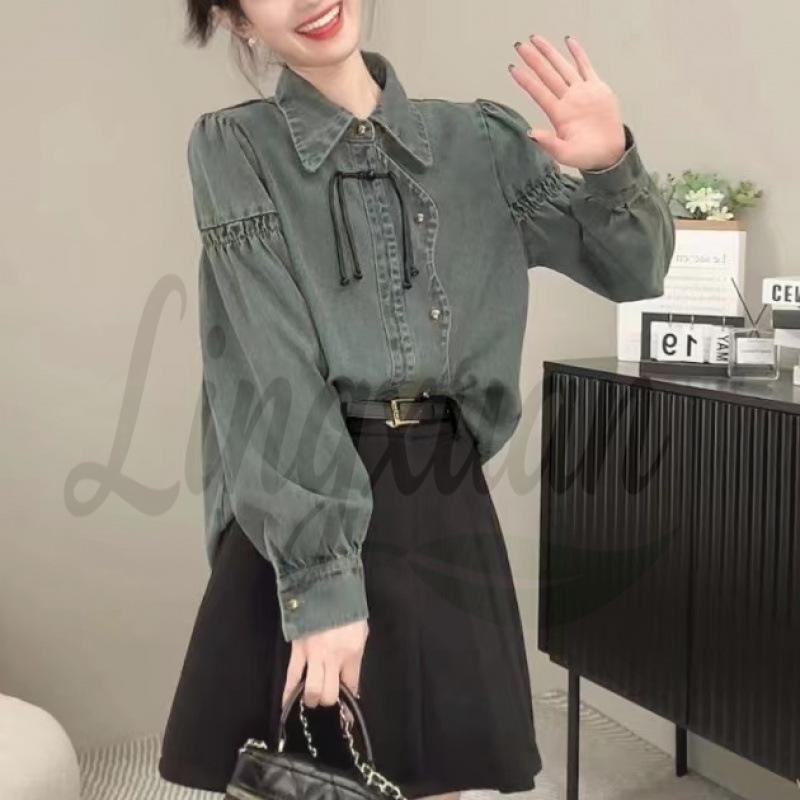 2026 Spring/Autumn Chinese Style Retro Denim Shirt with Doll Sleeves and Frog Buttons L синий