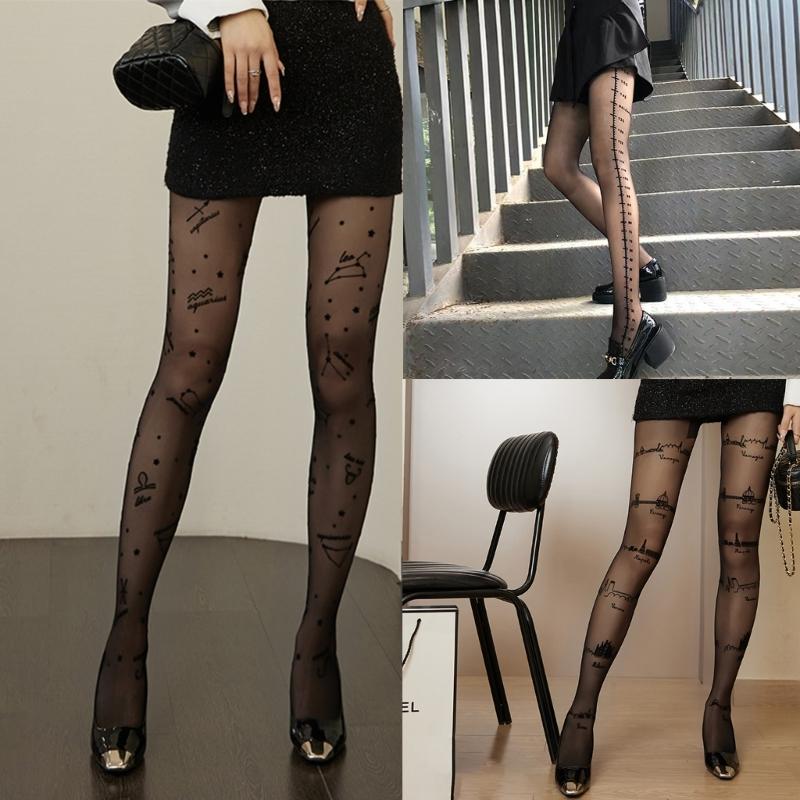 Women Spring Thin Sheer Silky Tights Harajuku Ruler City Constellation Flocking Patterned See Through Pantyhose Stocking
