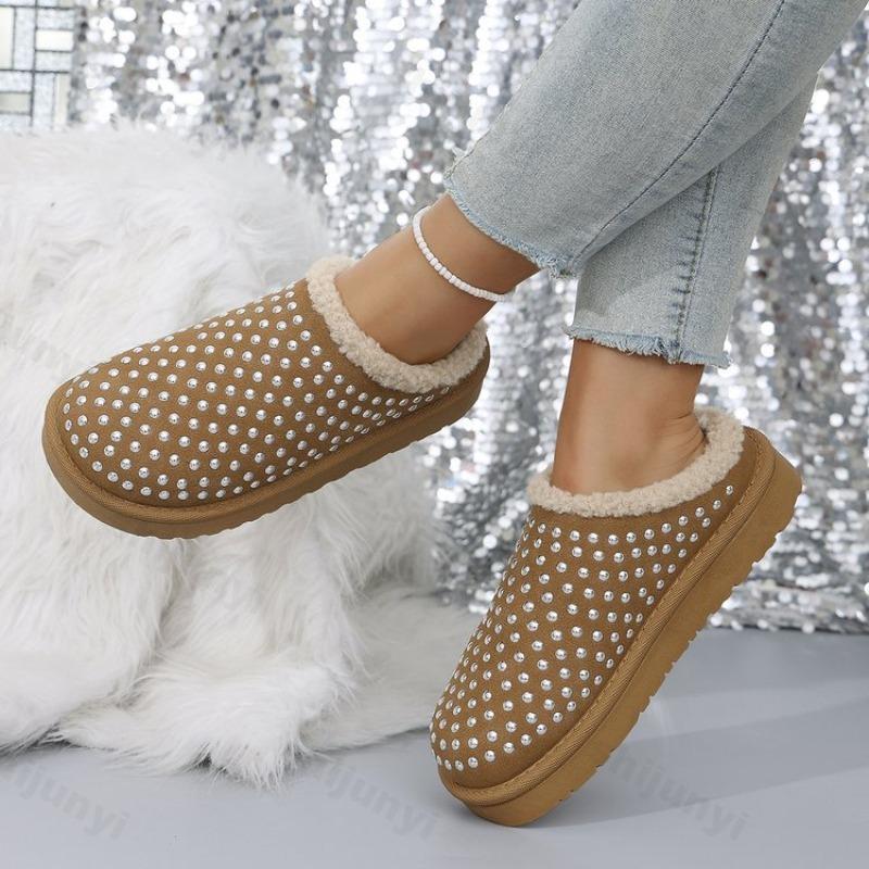 Fashion Women's Cotton Slippers Winter New Fashion Rhinestone Thicken Warm Home Shoes Lightweight Comfortable Outdoor Non Slip Flats