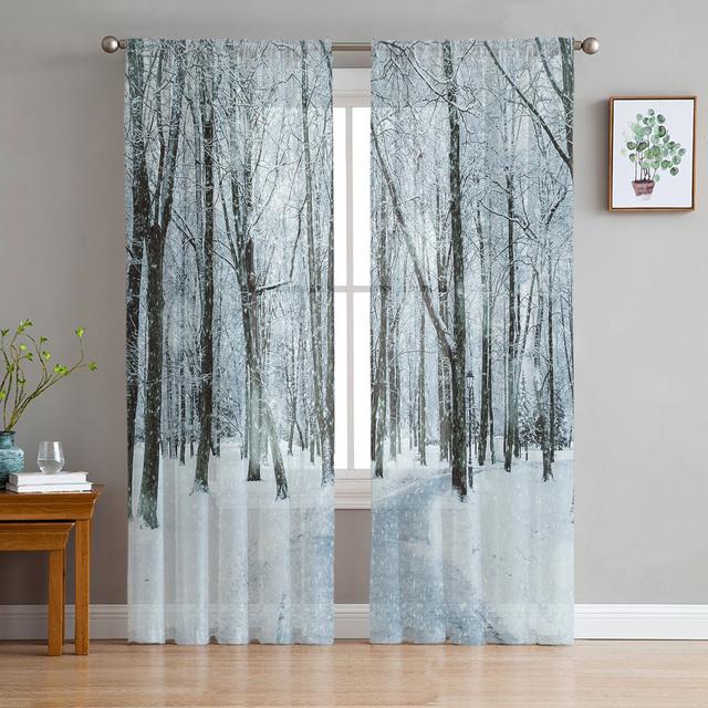 Snowing Winter Elk Christmas Tulle Curtains Living Room Decoration Bedroom Kitchen Window Treatment Sheer Made Of Polyester Area Decor