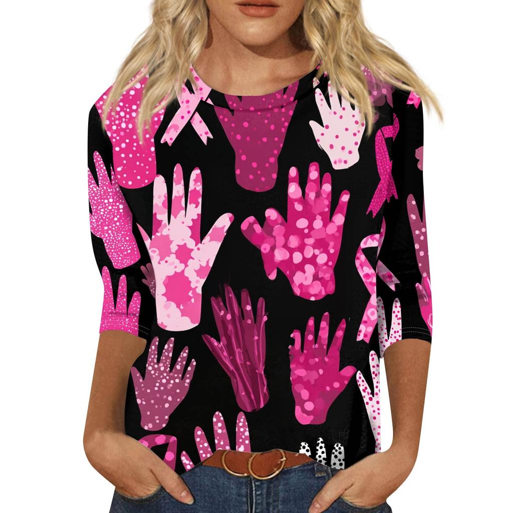 Women's Fashion Casual Seven Split Sleeve Printed Loose Round Neck Top
