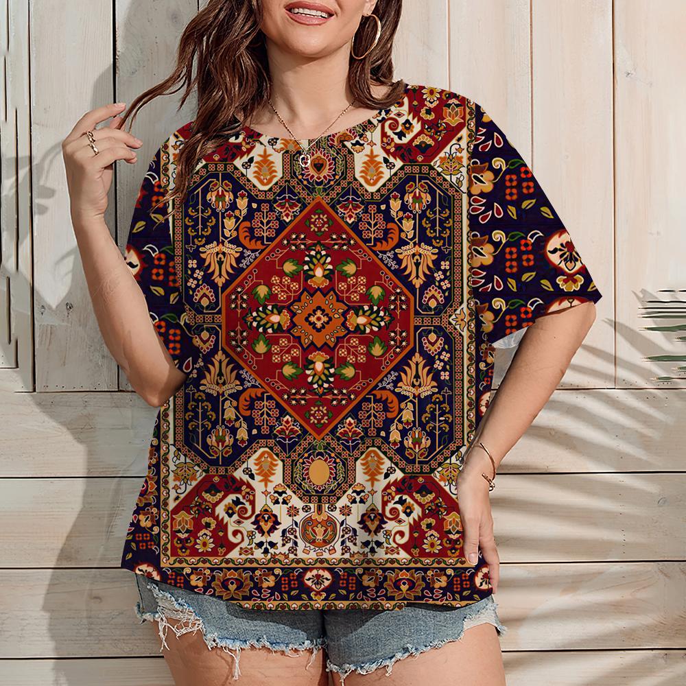 2025 Women's Large Size T-Shirt Summer Outdoor Casual Short Sleeve Tops Retro Ethnic Floral Print OverSize Women's Clothing