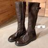 Washable Vintage Pleated Knee-High Women's Boots, Chunky Heel, Black, Autumn/Winter Style.