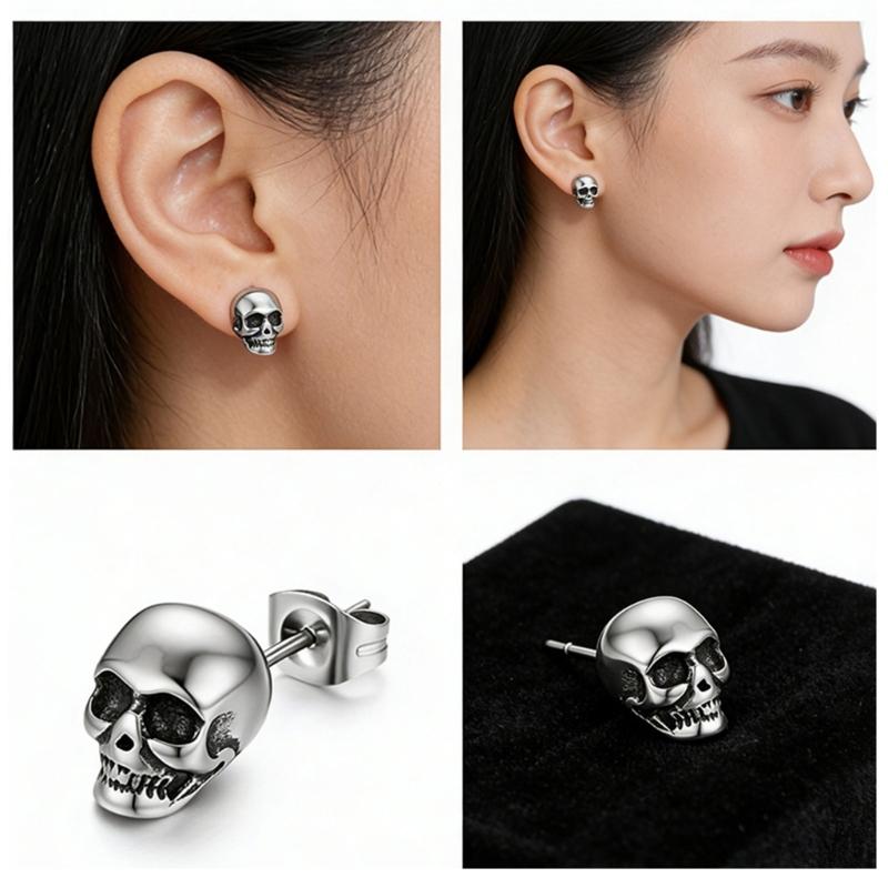 Skull Studs Pair, Vintage Gothic Alloy Design with Stud Back Closure for Halloween Parties and Edgy Outfit Styling