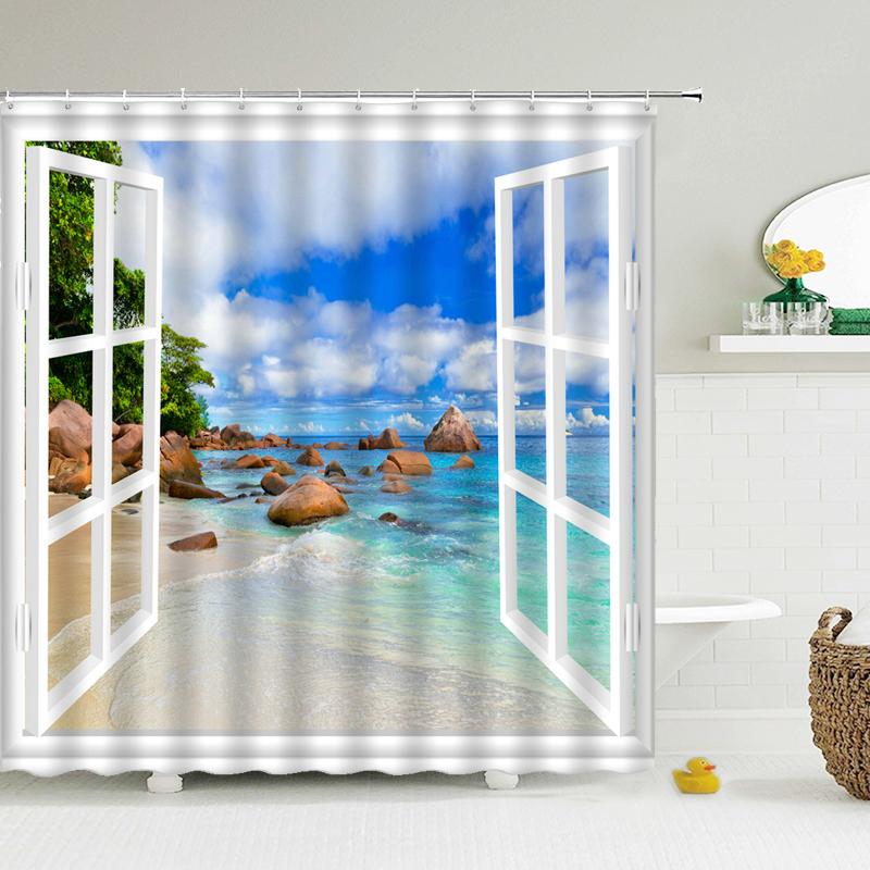 High Quality Sunny Beach Printed Fabric Shower Curtains Sea Scenery Bath Screen Waterproof Products Bathroom Decor with 12 Hooks
