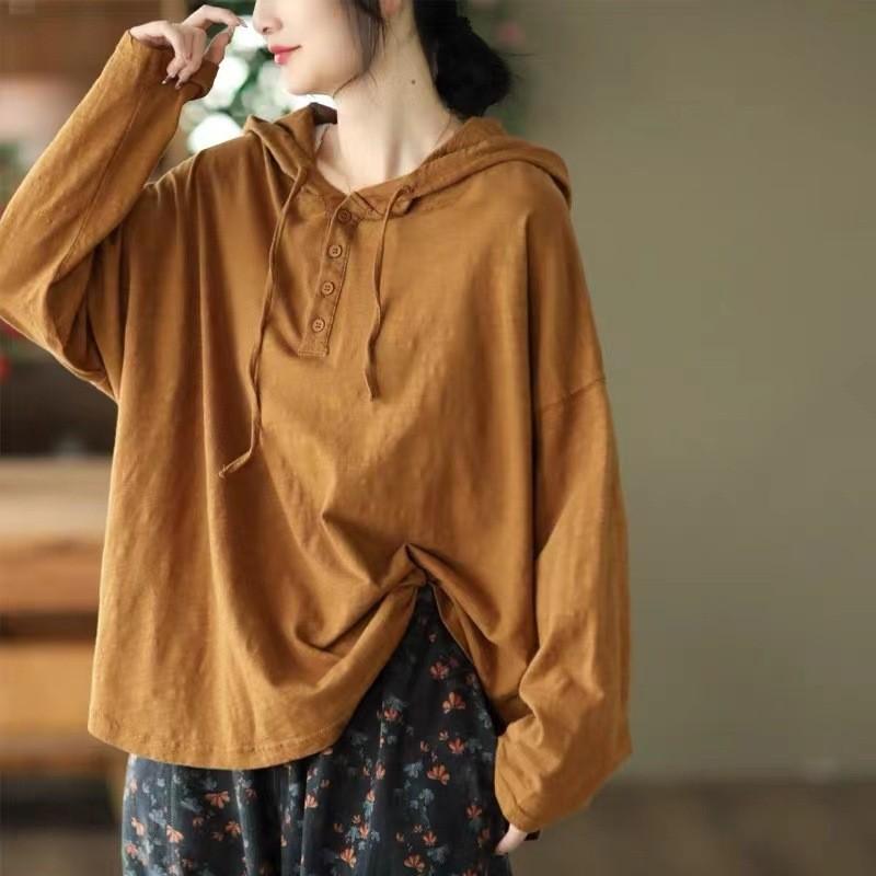 Women Vintage Hooded T-Shirts Solid Color Long Sleeve Cotton Blend Tees Spring Button Casual Loose T-Shirts