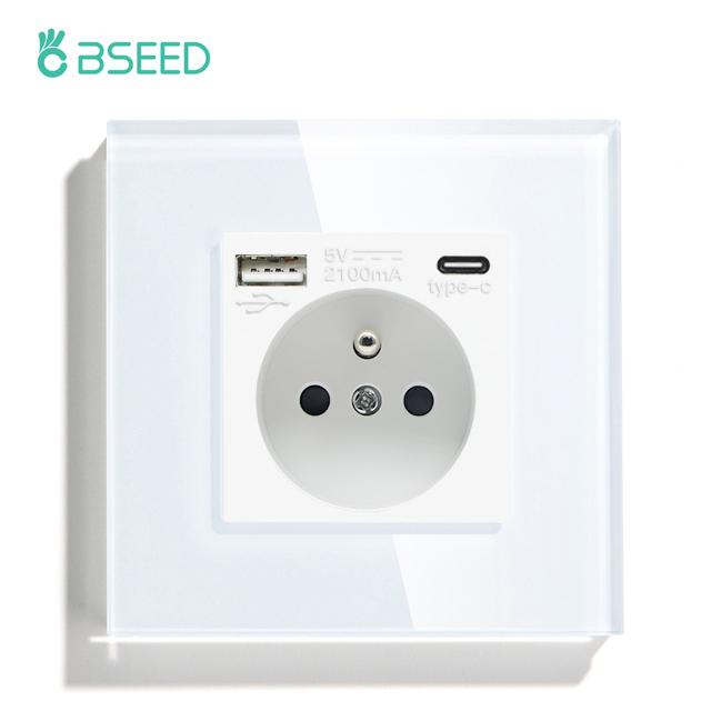 BSEED Single French Wall Socket Double Power Sockets Triple Electric Sockets With Type-c Double USB Charing Ports  Glass Frame