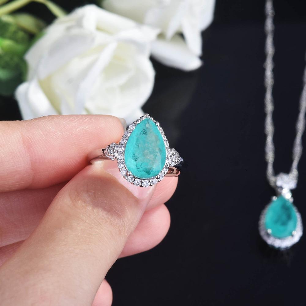 Women Jewelry Set Simulated Paraiba Teardrop Ring Pendant Necklace Earrings