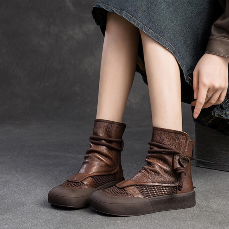 Johnature Hohle, atmungsaktive Retro-Sommerstiefel aus echtem Leder mit Reißverschluss hinten und römischen Sandalen mit dicker Sohle für Damen