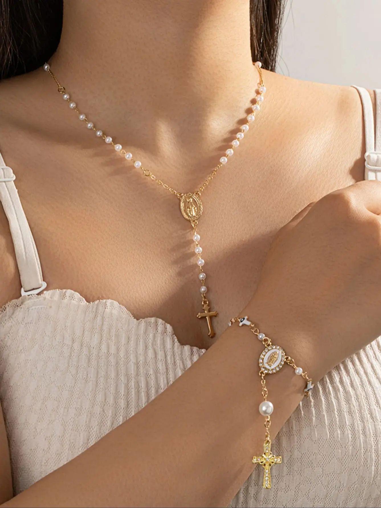 Vintage Virgin Mary Cross Pearl Necklace and Bracelet Set