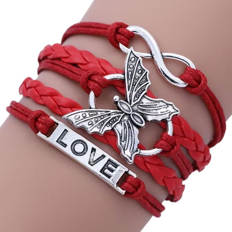 Unisex Retro Multicolor Butterfly Leather Infinity Bracelet