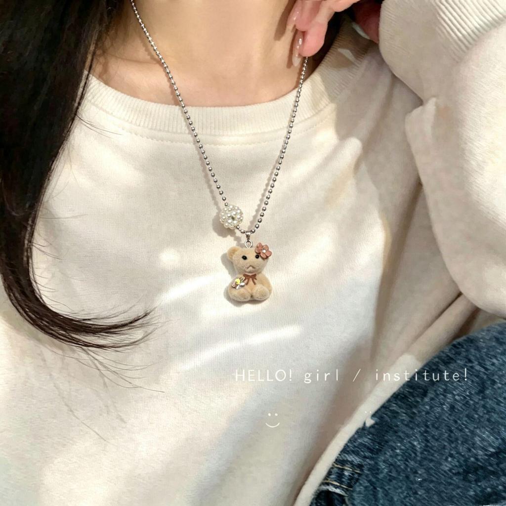 3D Flocked Bear Titanium Steel Necklace - Cute, Versatile, Girly Sweater Chain for Autumn 2026