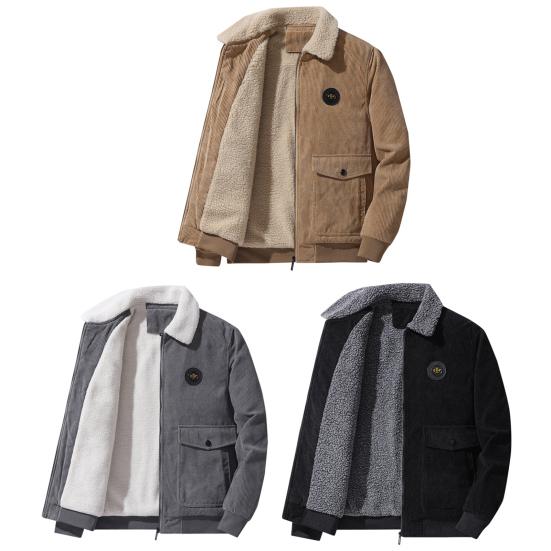 Men Cargo Jacket Solid Color Plush Lining Coldproof Autumn Winter Turndown Collar