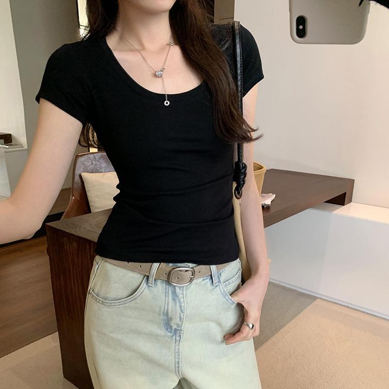 Women Solid Color Slim Fit U Neck Short Sleeve Casual Basic T Shirt S чёрный