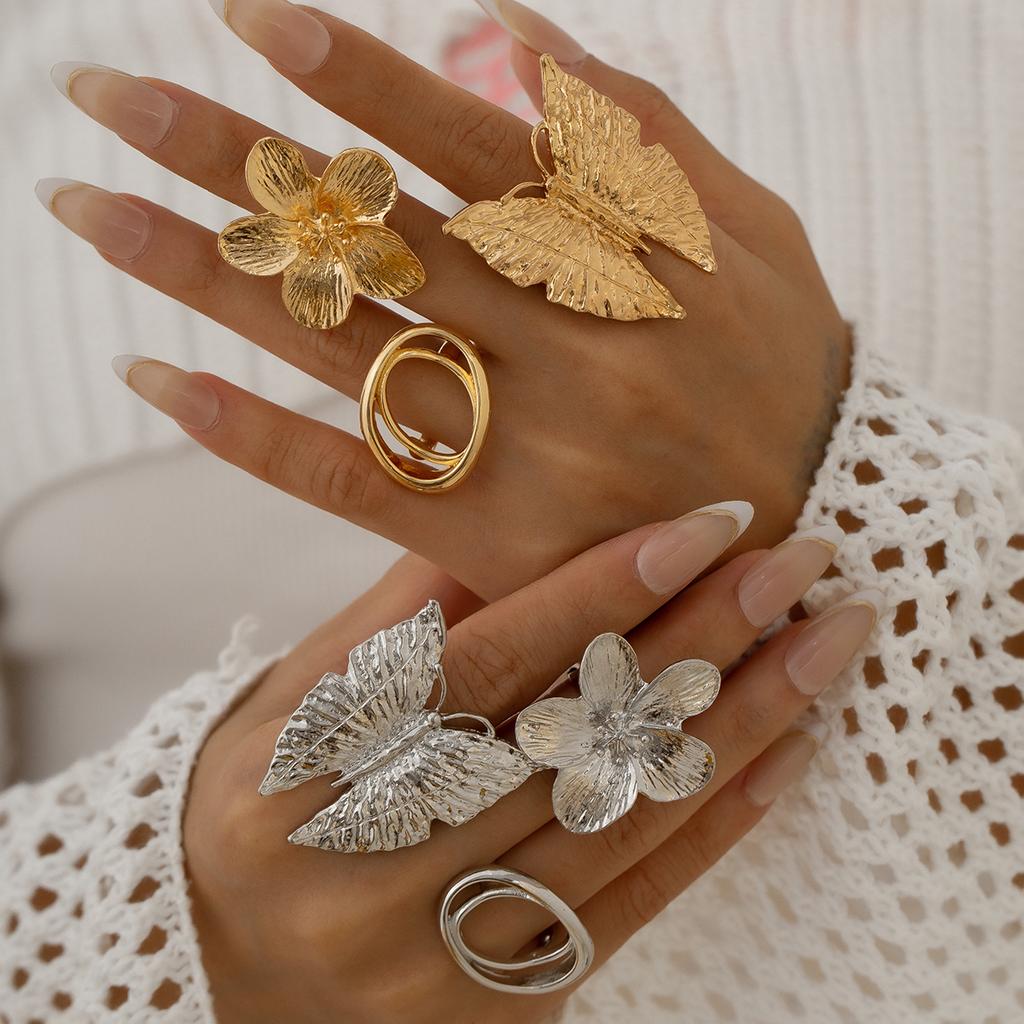 Ingemark 5 Tarz Yaratıcı Boho Metal Kelebek Çiçekler Yüzük Kadınlar İçin Moda İfadesi 2025 Ayarlanabilir Parmak Yüzüğü Düğün Takısı