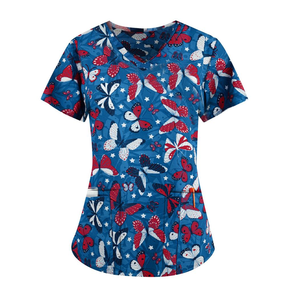 Independence Day Women's casual V-neck Printed Short Sleeve   Tops