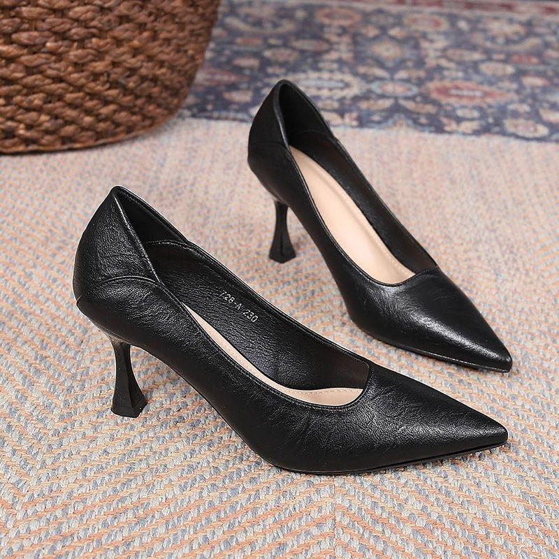 2025 Spring & Autumn Flight Attendant Stiletto Heels: Soft Leather, Versatile, Pointed, Professional Work Shoes