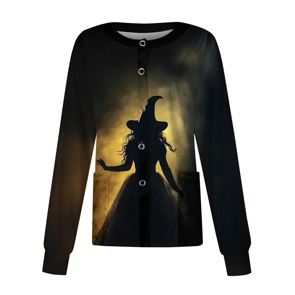 Women's Casual Long Sleeve Single Breasted Cardigan Halloween Print Medical Scrub Jacket Lightweight Button Up Top for Healthcare