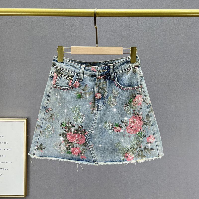 

Print Summer Loose Rhinestone A- line Denim Skirt Blue XL