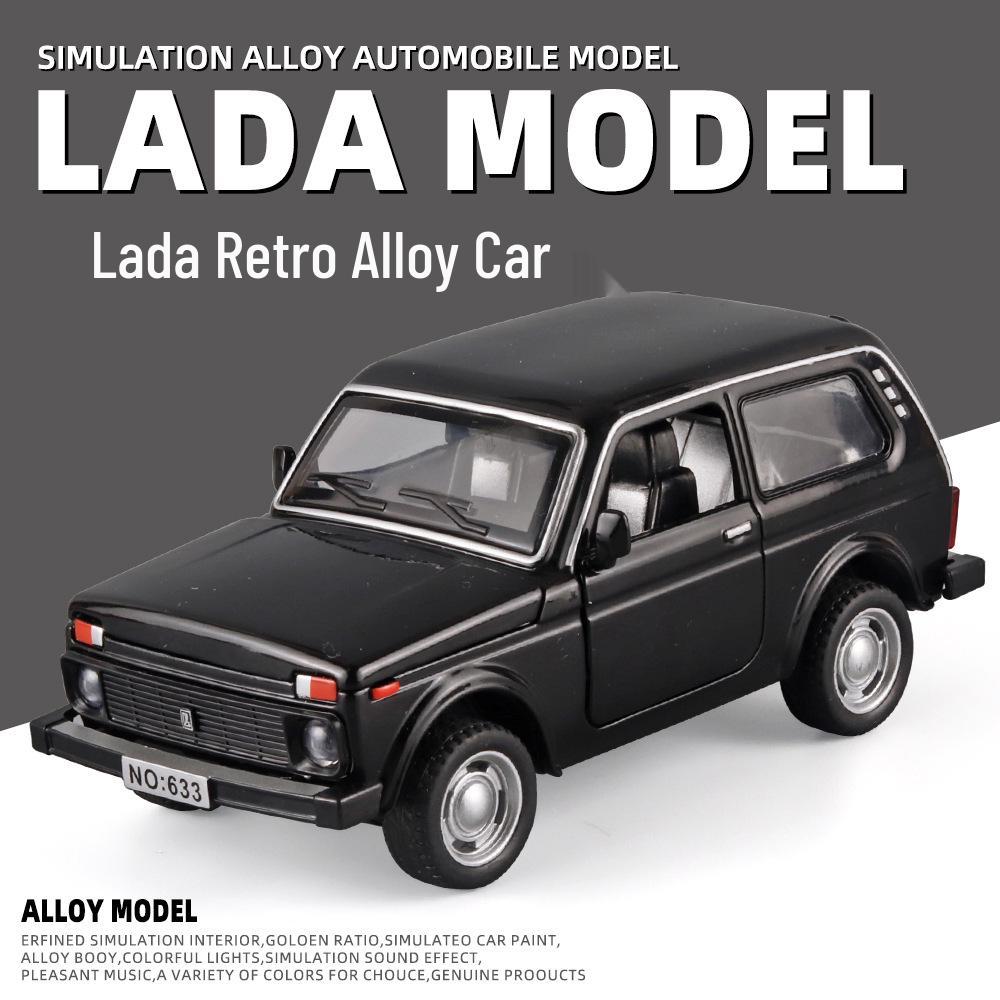 Boxed 1:32 Lada Jeep Alloy Car Model Toy with Pull-Back, Sound, and Light.