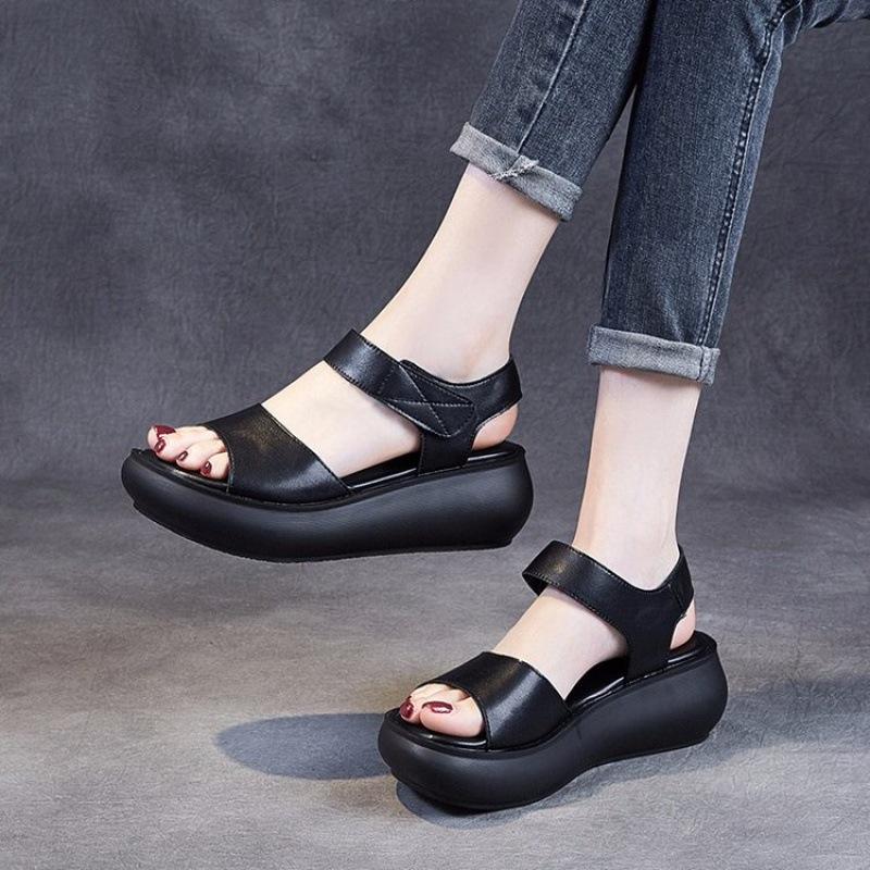 Real soft leather platform sandals women's 2025 summer new versatile Velcro wedge heel retro muffin Roman shoes