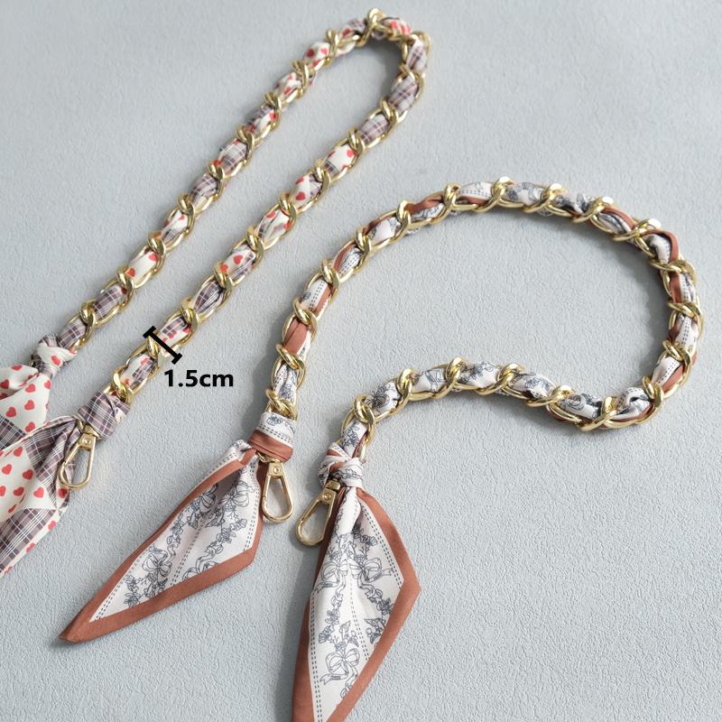 New Fashion Brand Woman Handbag Accessory Chains Detachable Floral Print Gold Silver Metal Silk Shoulder Strap Women DIY Chain Bag Handles