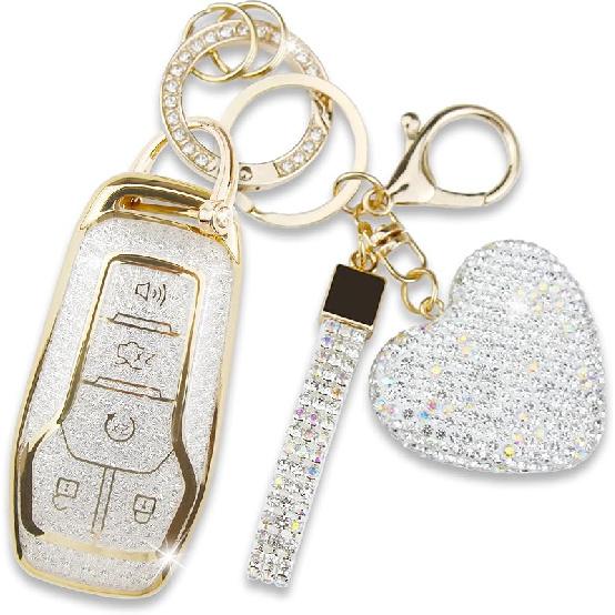 Key Fob Cover With Heart Keychain, Girly Car Key Shell Case For Women, Compatible With Ford Fusion Mustang F150 Edge Explorer Lincoln MKZ MKC MKX