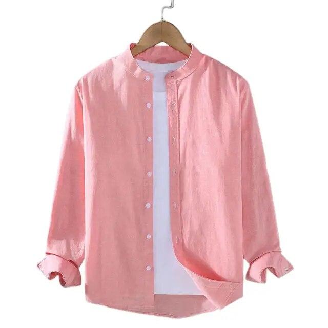 Men Spring Shirt Single-breasted Stand Collar Cardigan Shirt Long Sleeevs Loose Oversized Mid Length Men Fall Top