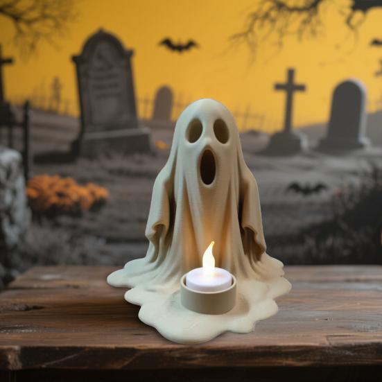 Ghost Candle Holder with Flameless LED Candle Lamp 3D Printed Halloween Decoration Desktop Ghost Ornament for Table Centerpiece Shelf