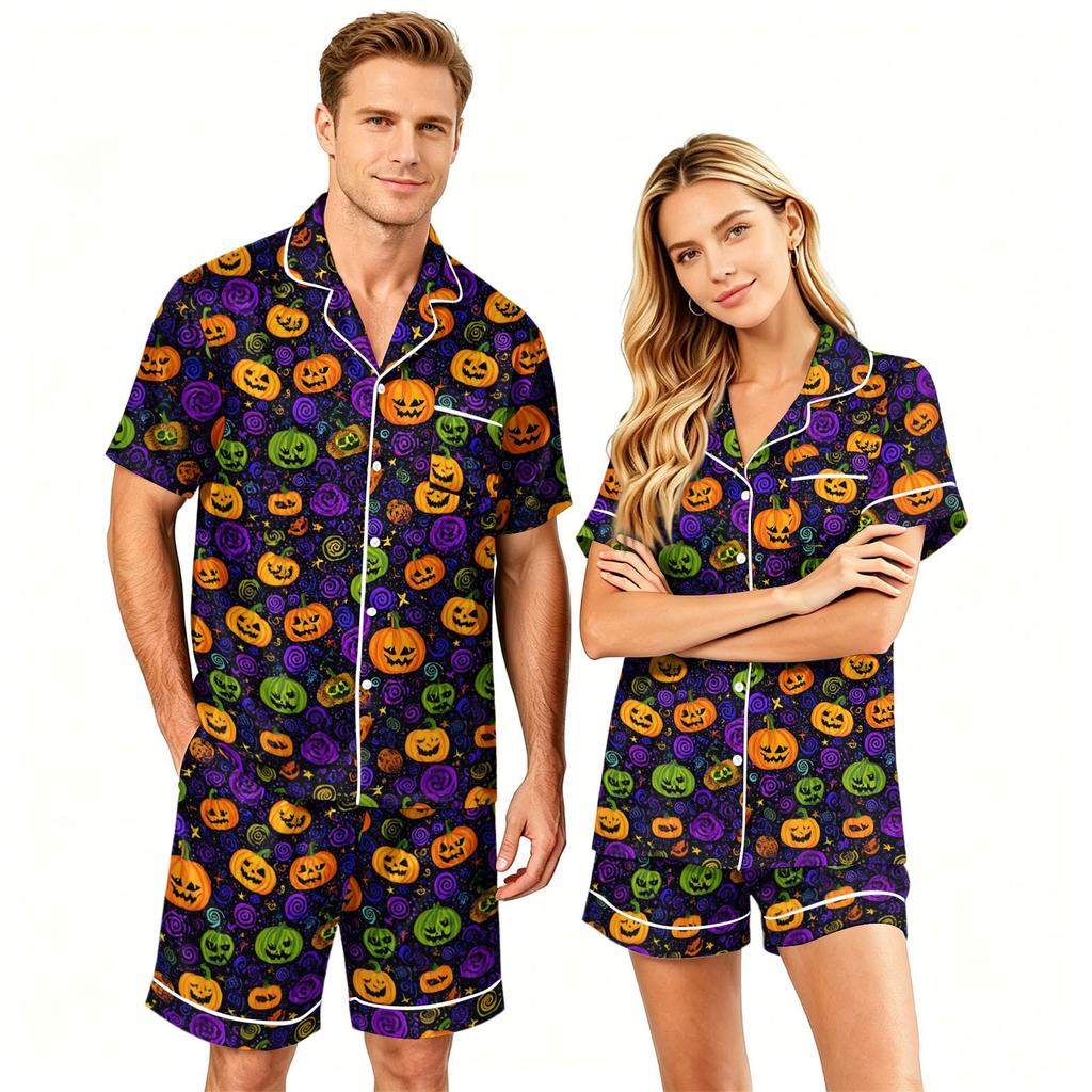 Couple Matching Halloween Pajama Set Short Sleeve Button Down Shirt and Shorts Soft Casual Sleepwear S To XXXXL