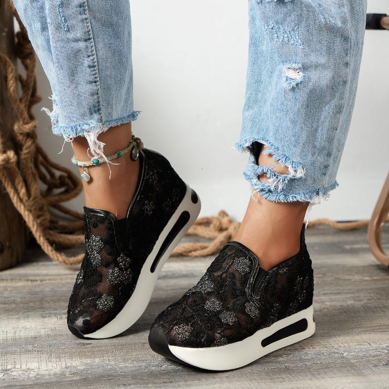 Women's fashion flat bottom inner height increase mesh yarn breathable casual single shoes support platform