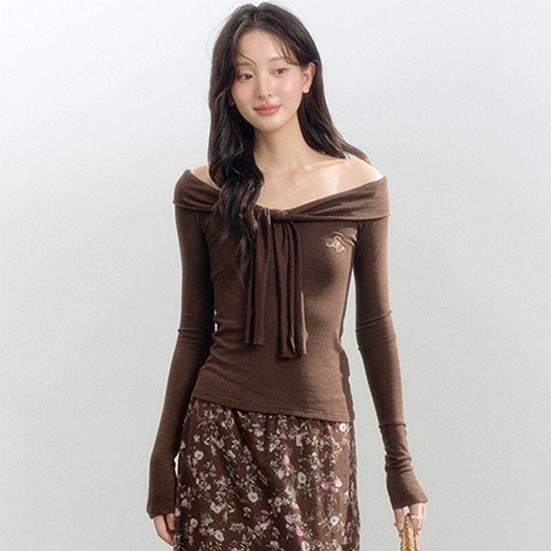 

Autumn and Winter New Pure Lust Style Short Pure Cotton Long-sleeved T-shirt Women s Slim and Versatile Design Top S коричневый